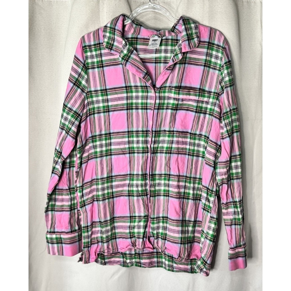 Lands End Womens Pajama Top Sleep Shirt Pink Green Plaid Flannel Long Sleeve M